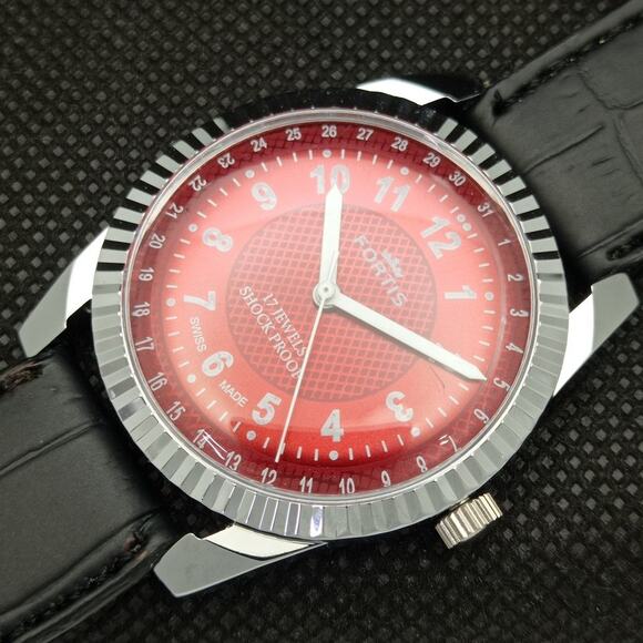 Vintage 1976 Fortis Manual Mens Silver Watch W/Leather Strap & Red accents - Picture 6 of 8